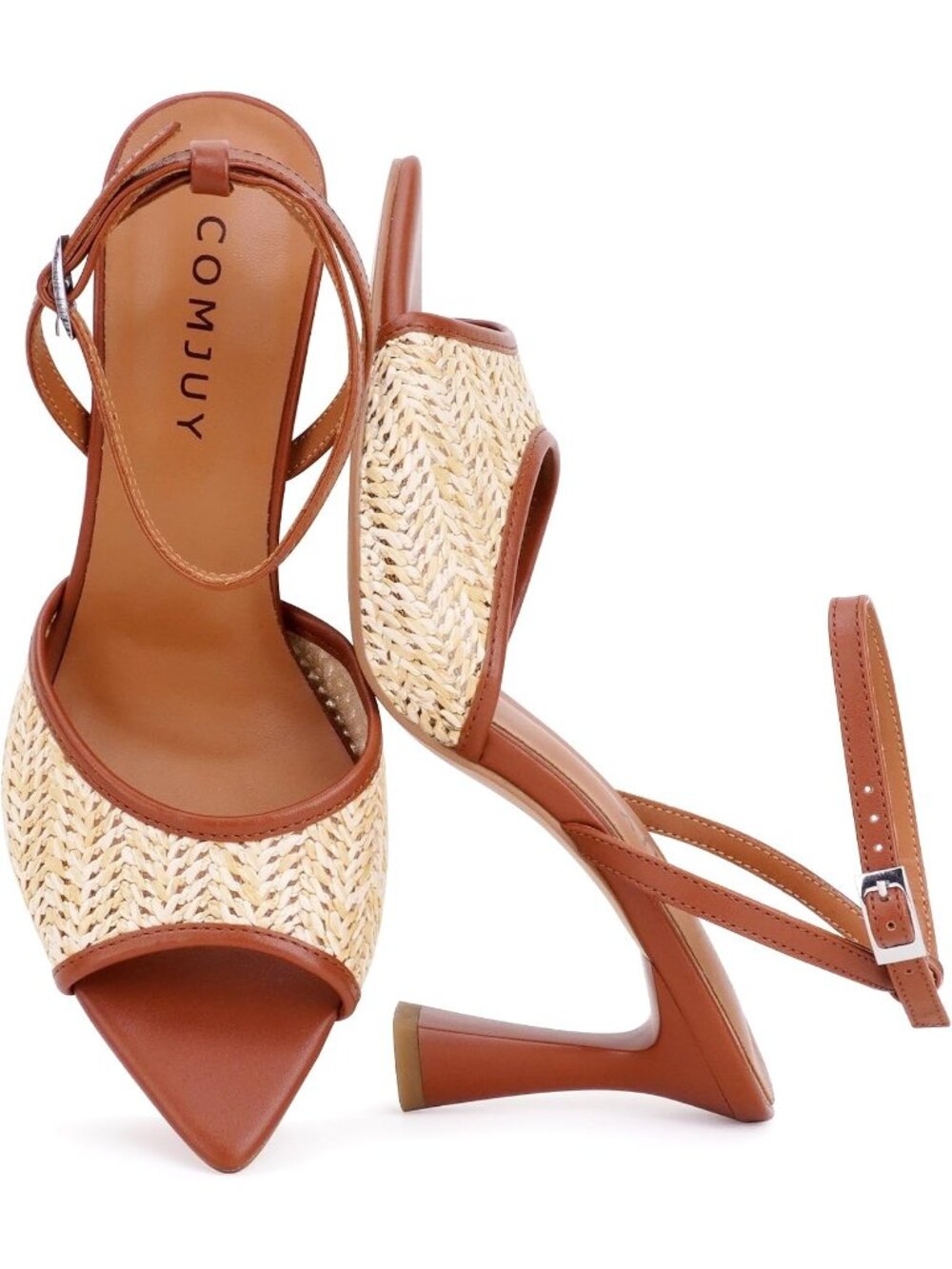 Women's Rafiia Peep Pointed Toe Strappy Flared Kitten Heeled Elegant Sandals